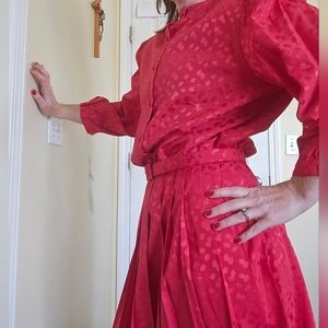 Vintage Red Satin Polka Dot Belted Women's Dress 16 Large